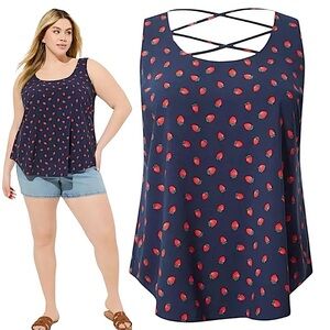 TORRID‎ Challis Back Criss Cross Tank in Navy w/Strawberry Print NWT